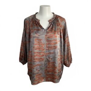 Entro Women's Gray Orange Swirl Print V-Neck Ruffle‎ Neck 3/4 Sleeve Top Size S